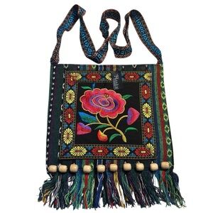 NEW Crossbody Bag Black Fabric Floral Embroidered Boho Wood Beads Fringe NWT